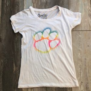 Clemson rainbow colored Tiger paw white tee